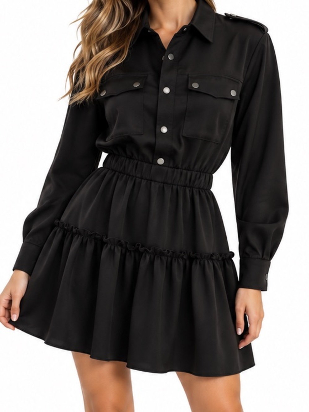 Ramy Brook Black Utility Shirt Mini Dress Size Large Ruffle Tiered L